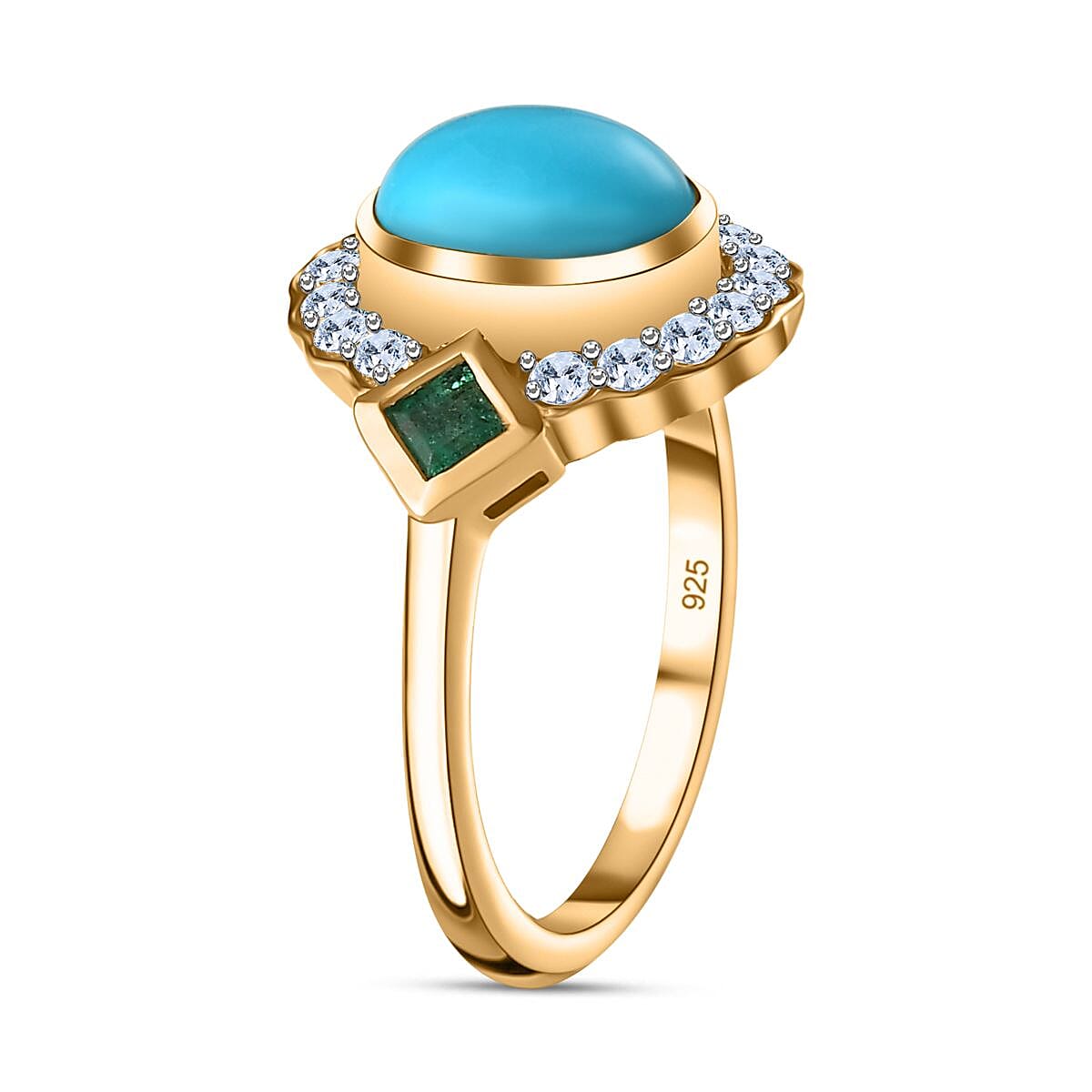 Arizona Sleeping Beauty Turquoise &amp; Natural Zircon &amp; Zambian Emerald Ring in 18K Yellow Gold Vermeil Plated Sterling Silver 2.38 Ct. 7662974 3