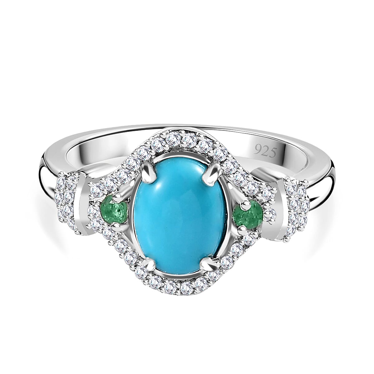 Arizona Sleeping Beauty Turquoise, Natural Zircon &amp; Zambian Emerald Ring in Platinum Overlay Sterling Silver 1.45 Ct 7762601 0