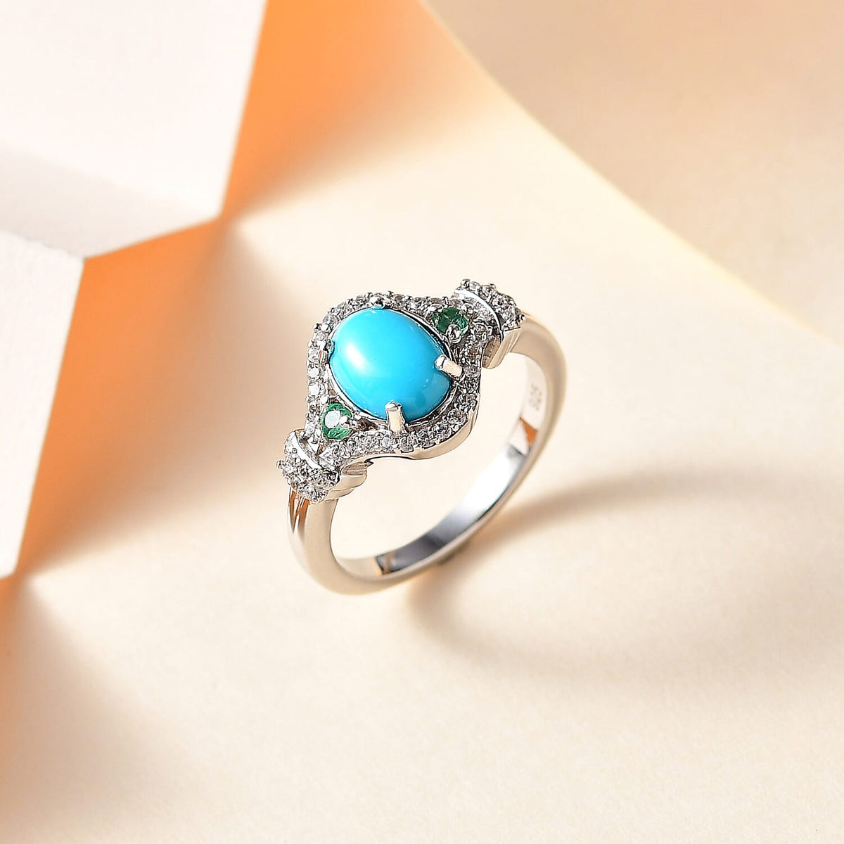 Arizona Sleeping Beauty Turquoise, Natural Zircon &amp; Zambian Emerald Ring in Platinum Overlay Sterling Silver 1.45 Ct 7762601 1