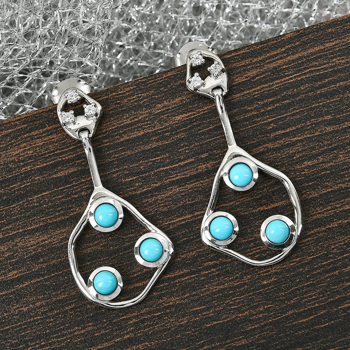 Sleeping Beauty Turquoise and Cambodian Zircon Dangle Earrings in Platinum Plated Sterling Silver 7603055 2