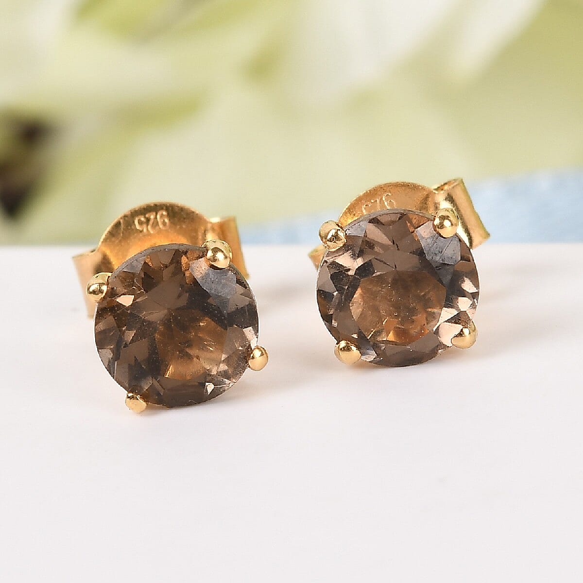 Smoky Quartz Stud Earrings (with Push Back) in 18K Yellow Gold Vermeil Plated Sterling Silver 1.58 Ct 3815292 2