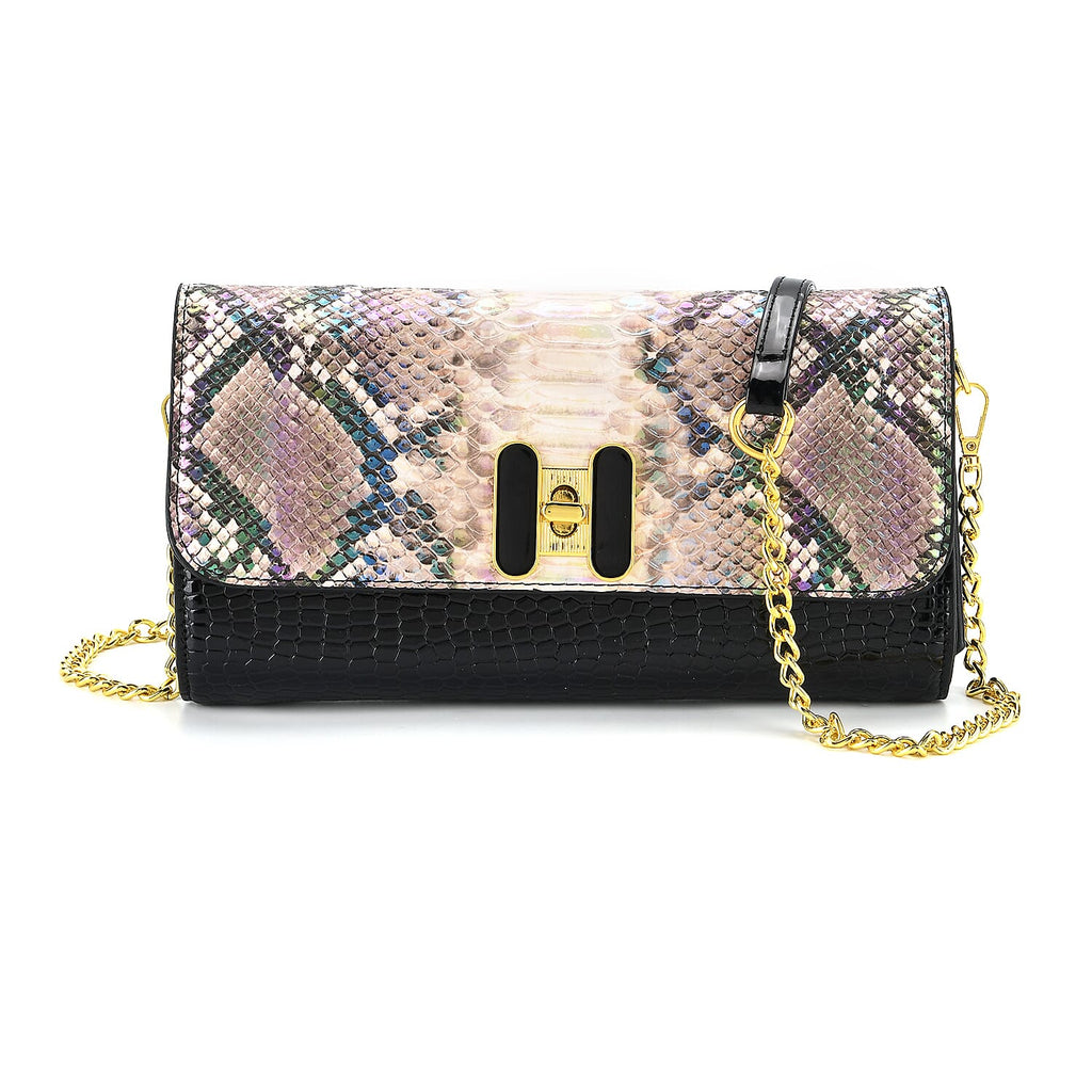 Snake Print Two-Tone Wallet Crossbody Bag with Chain Strap - Multicolour