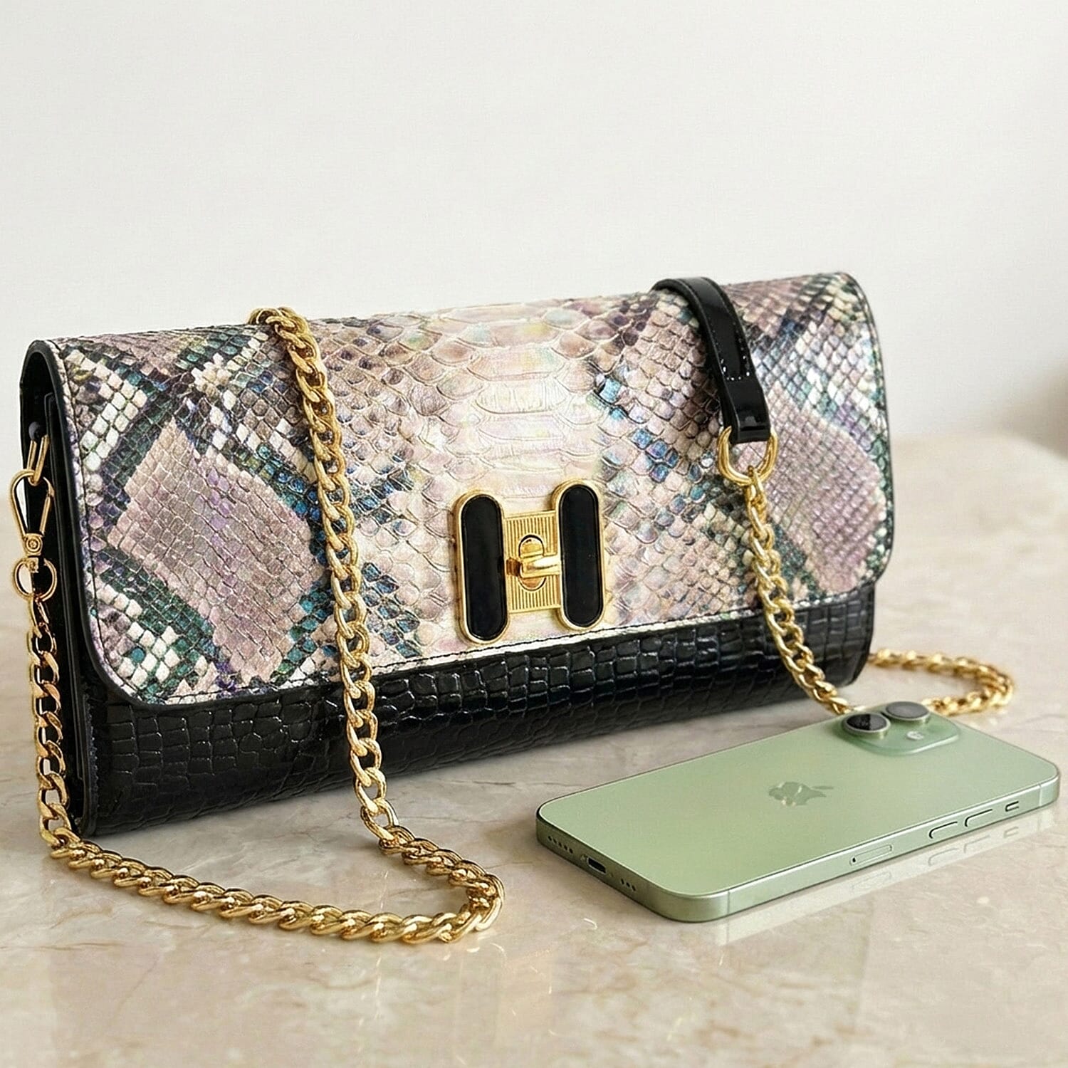 Snake Print Two-Tone Wallet Crossbody Bag with Chain Strap 8256522 2