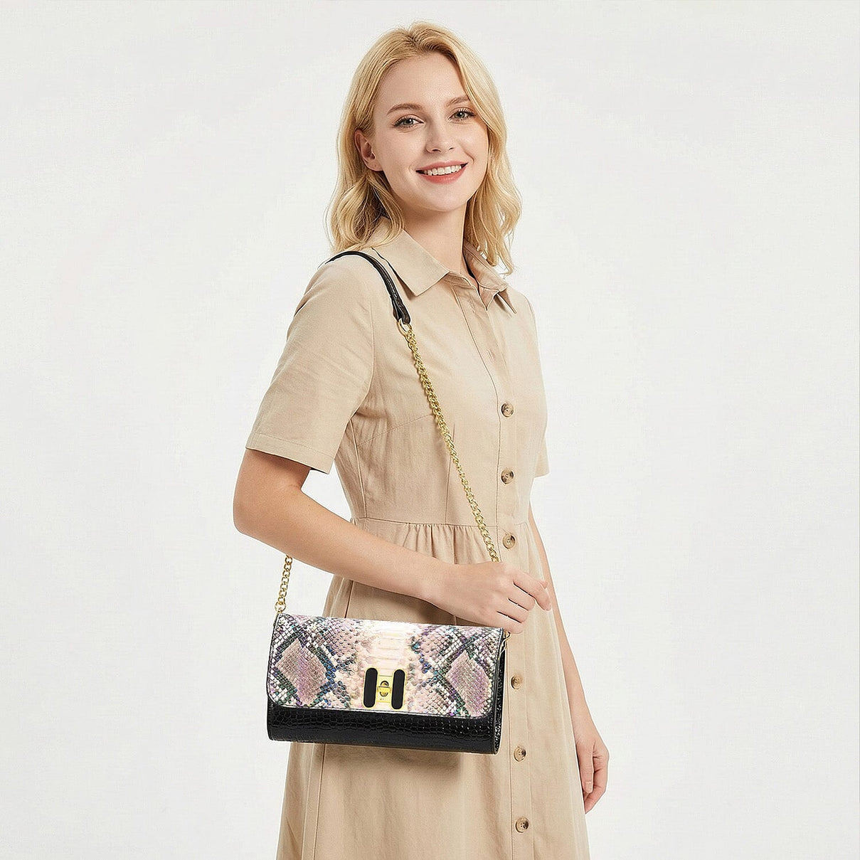 Snake Print Two-Tone Wallet Crossbody Bag with Chain Strap 8256522 3