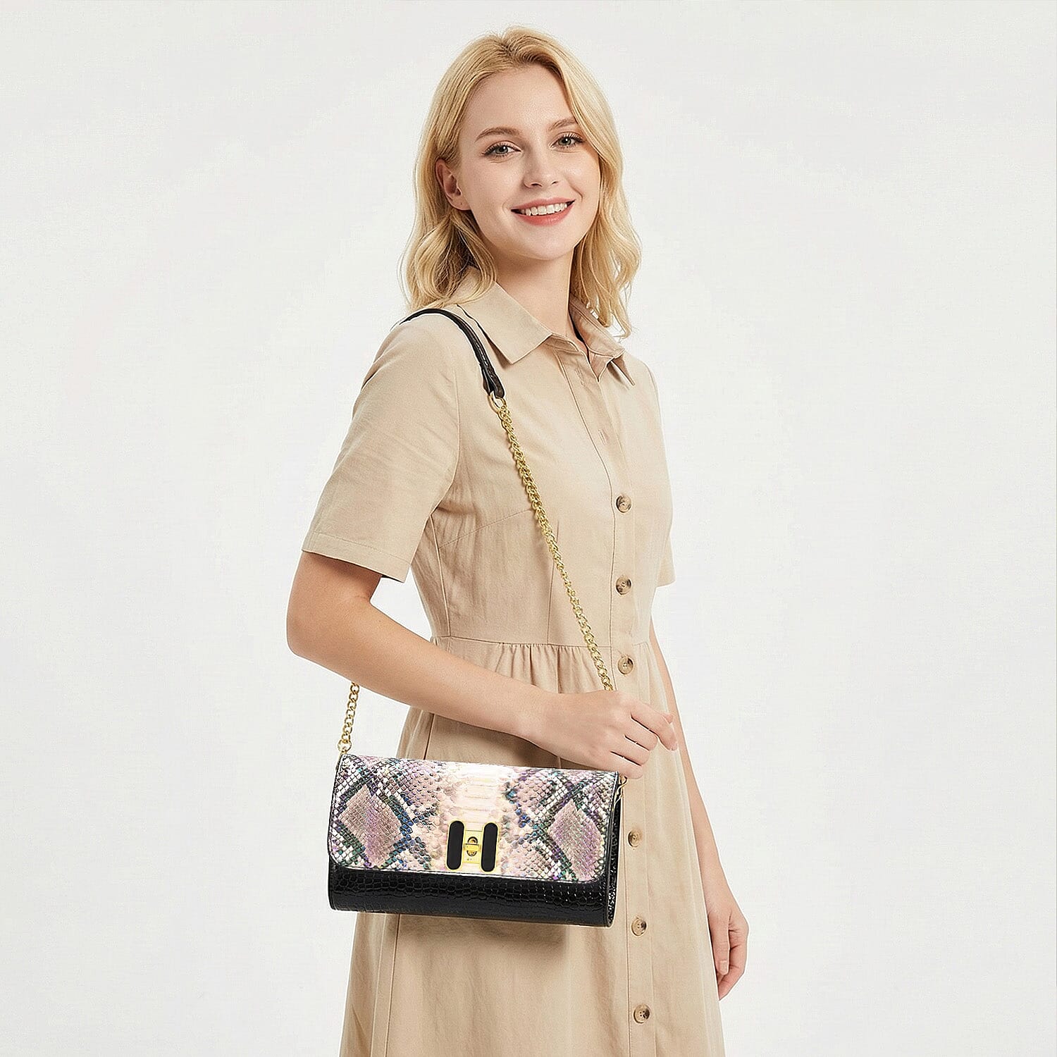 Snake Print Two-Tone Wallet Crossbody Bag with Chain Strap 8256522 3