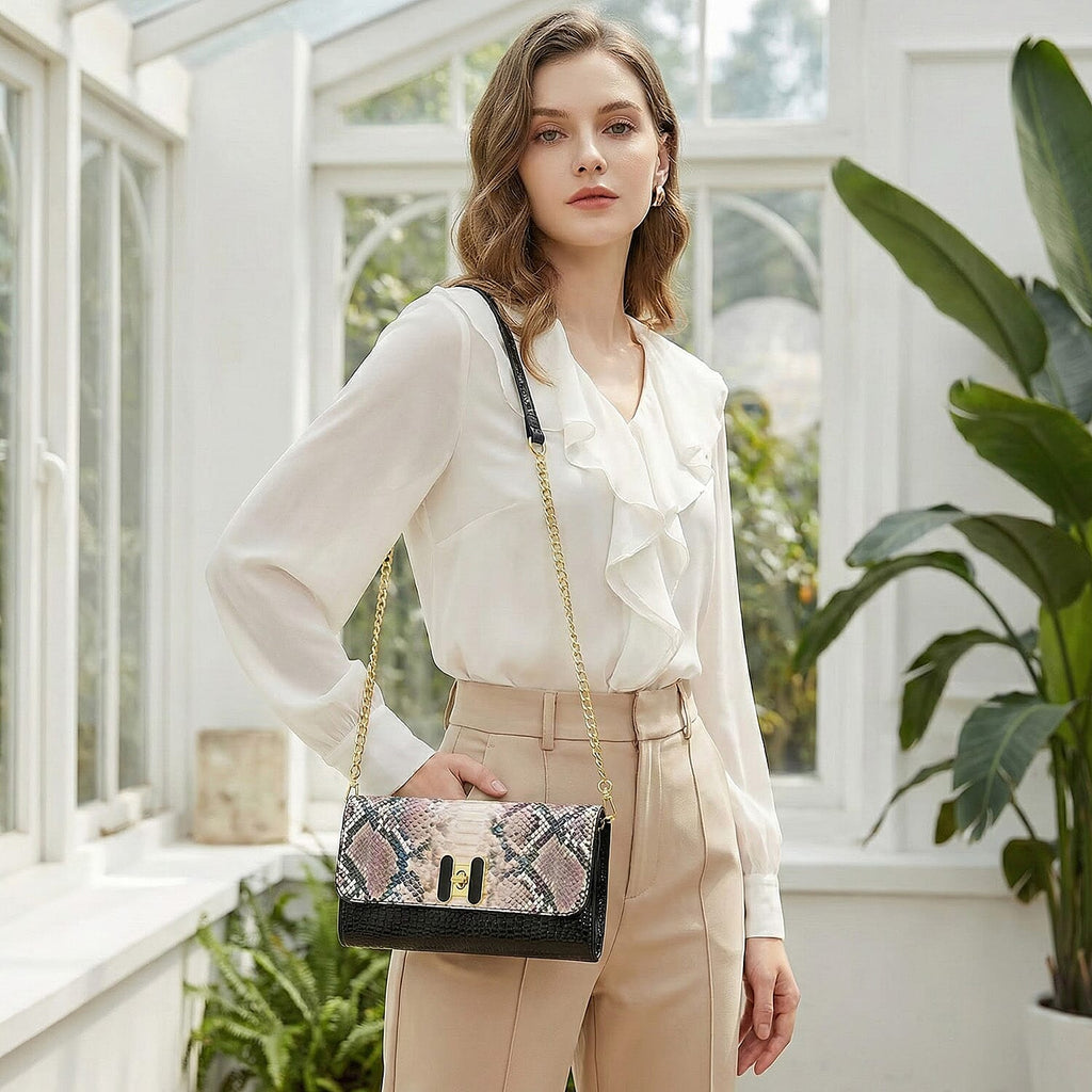 Snake Print Two-Tone Wallet Crossbody Bag with Chain Strap - Multicolour