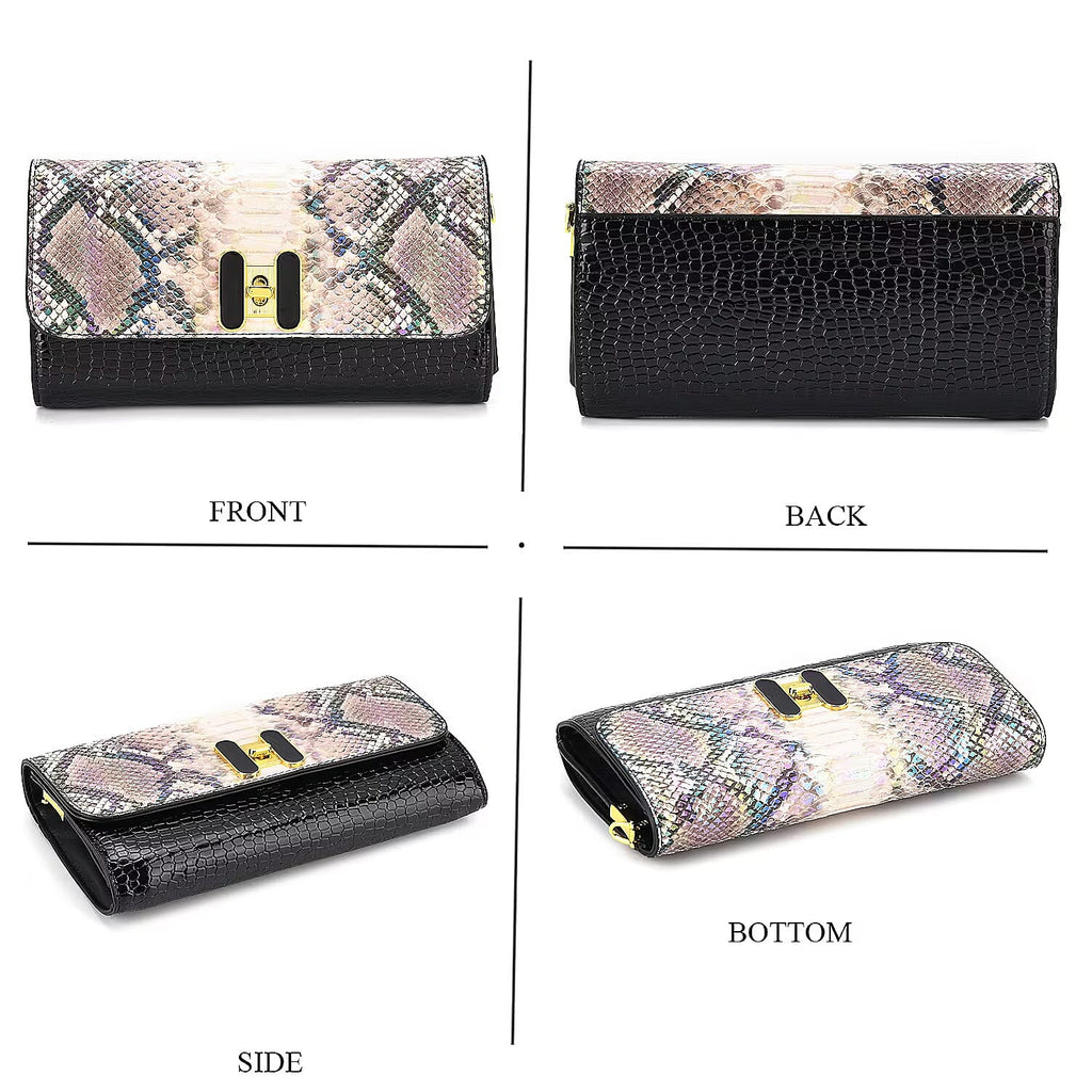 Snake Print Two-Tone Wallet Crossbody Bag with Chain Strap - Multicolour