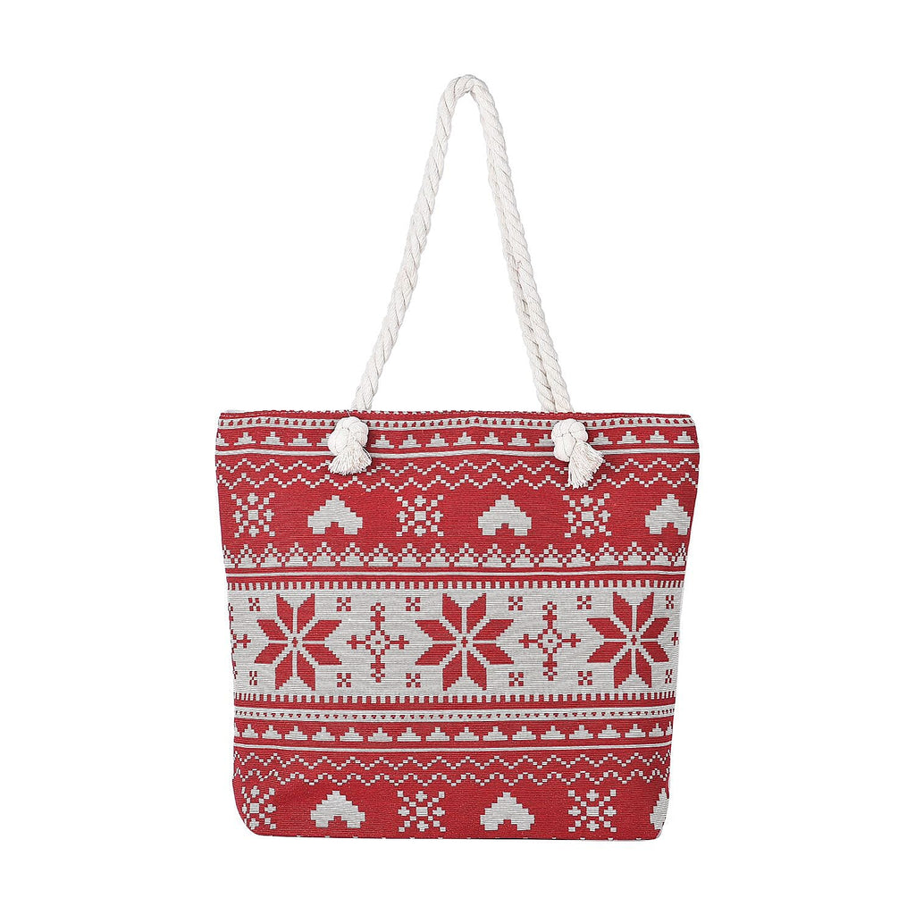 Snowflake Pattern Jute Tote Bag With Zipped Pockets & Handle Drop - Red & White