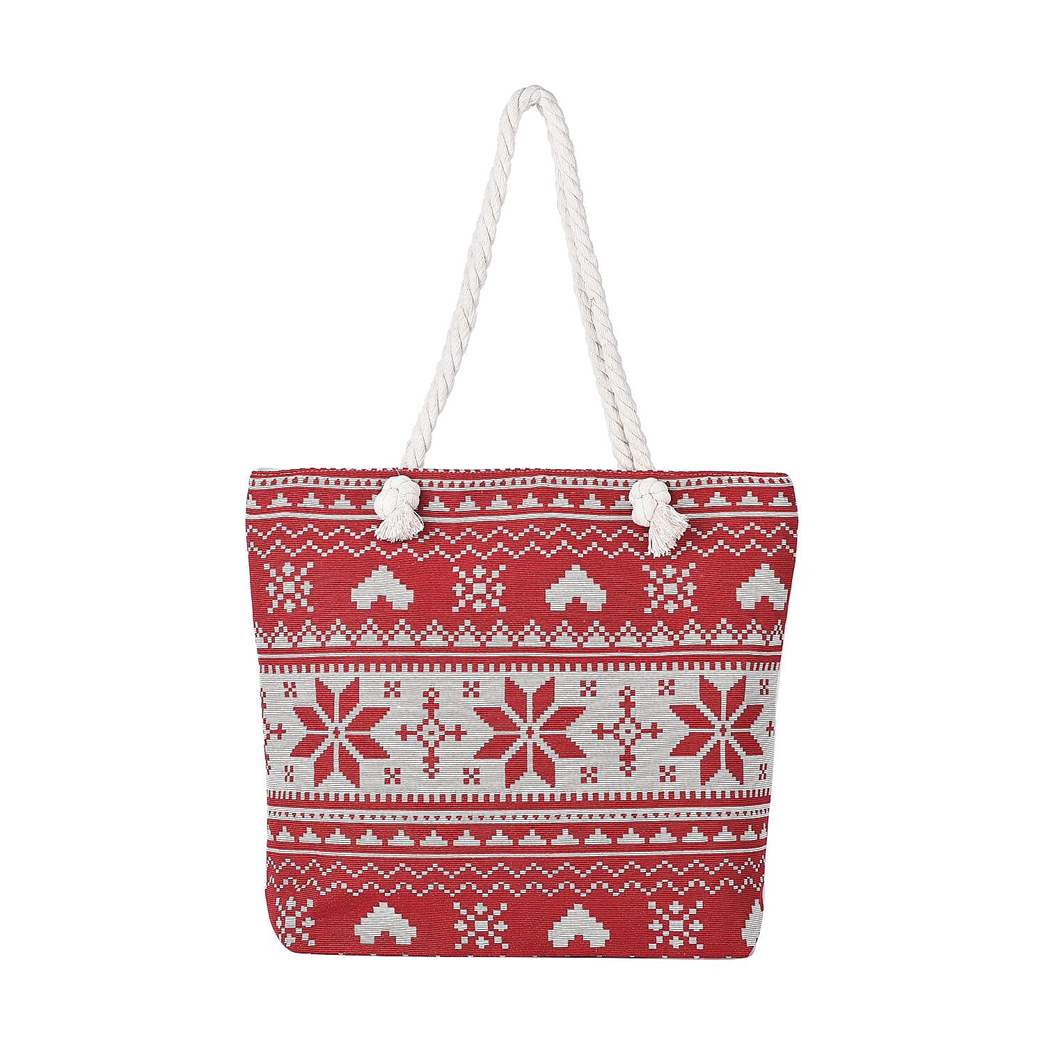 Snowflake Pattern Jute Tote Bag With Zipped Pockets &amp; Handle Drop - Red &amp; White 7595668 0