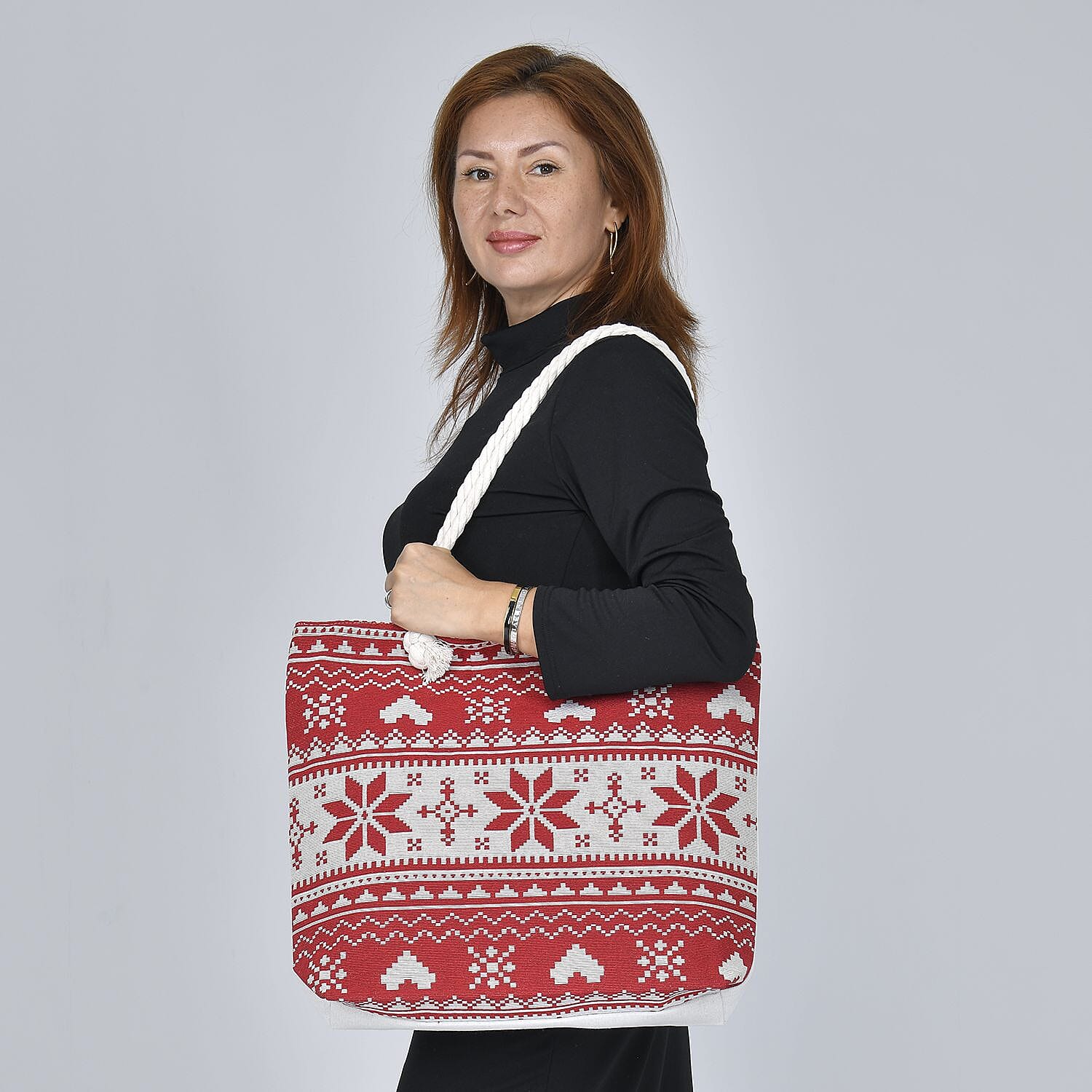 Snowflake Pattern Jute Tote Bag With Zipped Pockets &amp; Handle Drop - Red &amp; White 7595668 1
