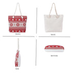 Snowflake Pattern Jute Tote Bag With Zipped Pockets & Handle Drop - Red & White