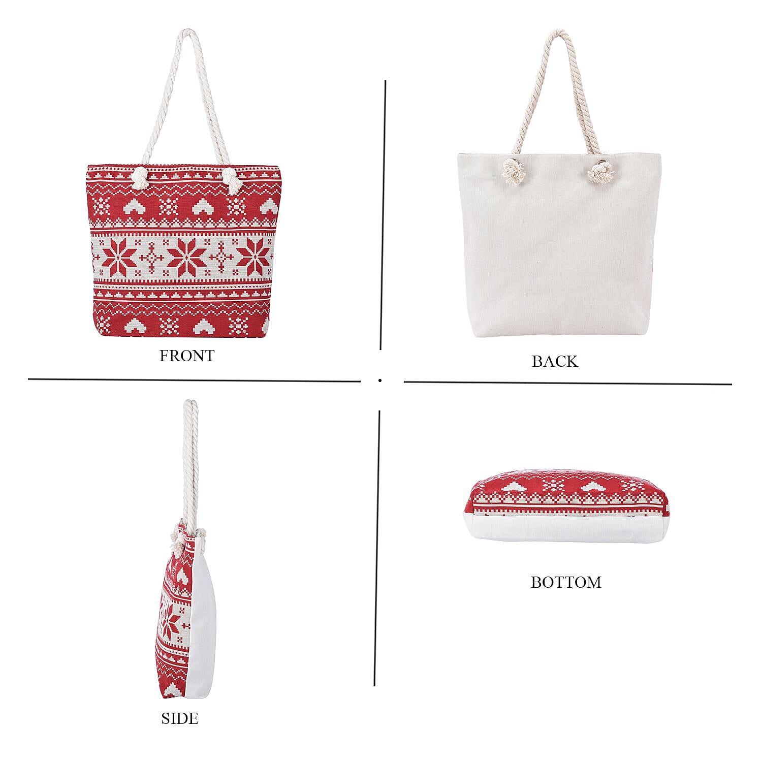 Snowflake Pattern Jute Tote Bag With Zipped Pockets &amp; Handle Drop - Red &amp; White 7595668 3