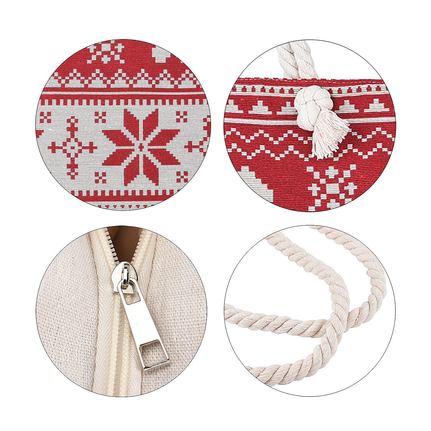 Snowflake Pattern Jute Tote Bag With Zipped Pockets &amp; Handle Drop - Red &amp; White 7595668 5