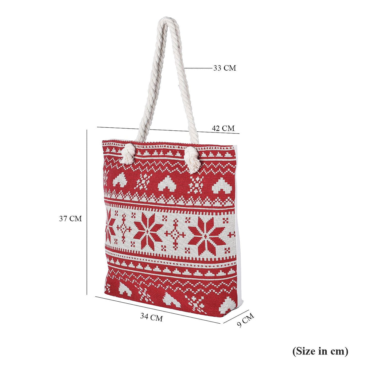 Snowflake Pattern Jute Tote Bag With Zipped Pockets &amp; Handle Drop - Red &amp; White 7595668 6