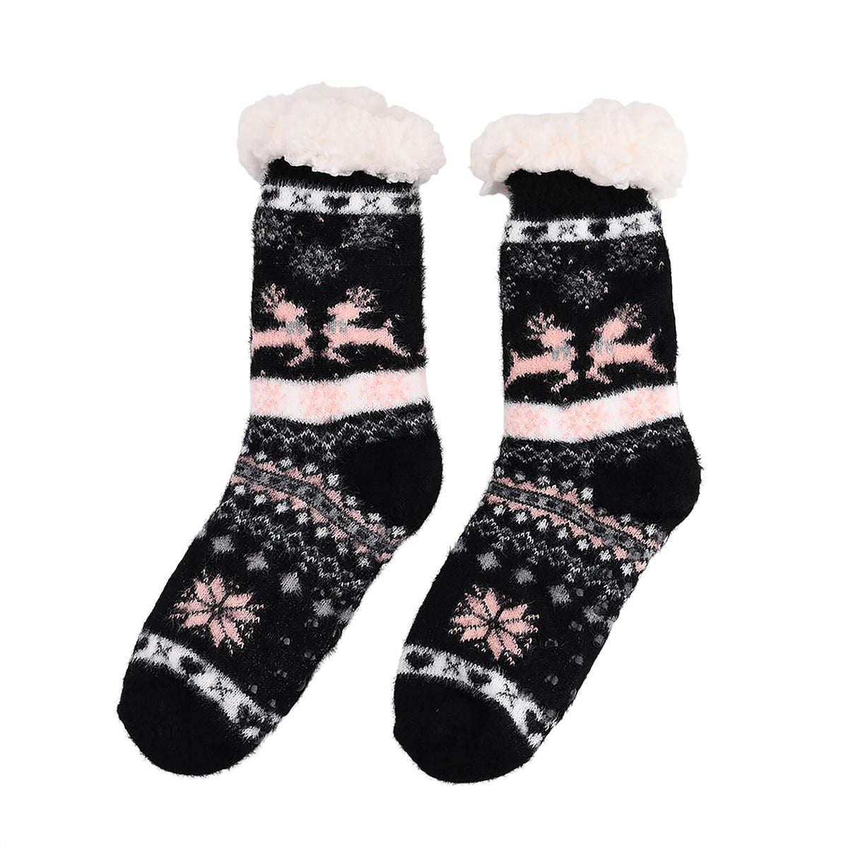 Christmas Pattern Warm Sherpa Socks - Black &amp; Pink V32526499 0