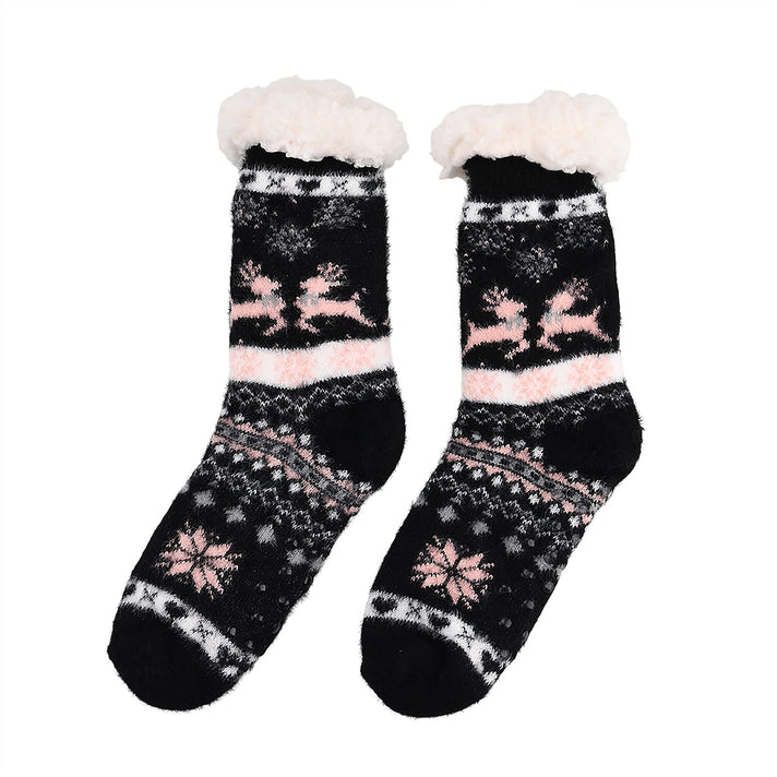Christmas Pattern Warm Sherpa Socks - Black &amp; Pink V32602738 1