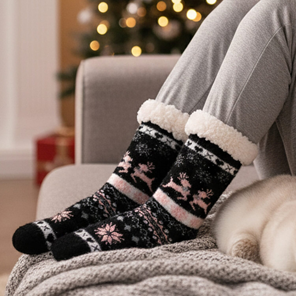 Christmas Pattern Warm Sherpa Socks - Black &amp; Pink V32526499 2