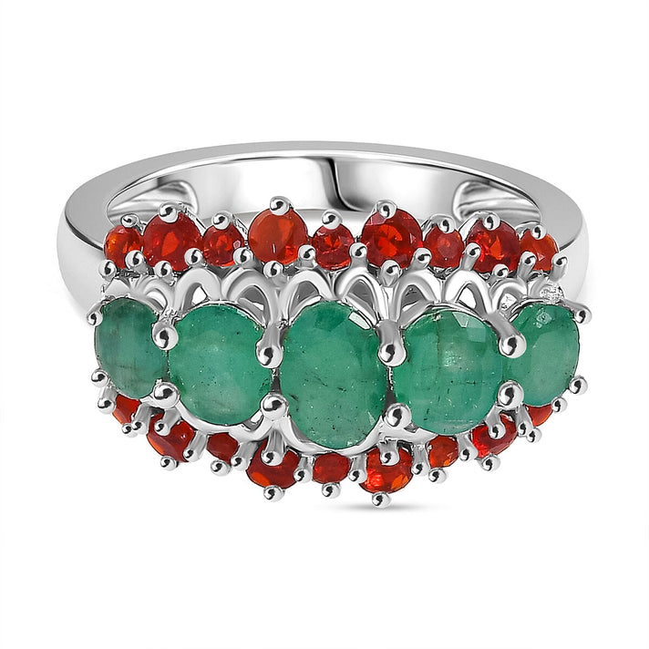 Socoto Emerald, Cherry Fire Opal Ring in Rhodium Overlay Sterling Silver 1.75 ct. 7857411 1