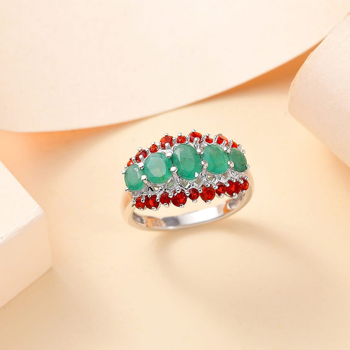 Socoto Emerald, Cherry Fire Opal Ring in Rhodium Overlay Sterling Silver 1.75 ct. 7857411 2