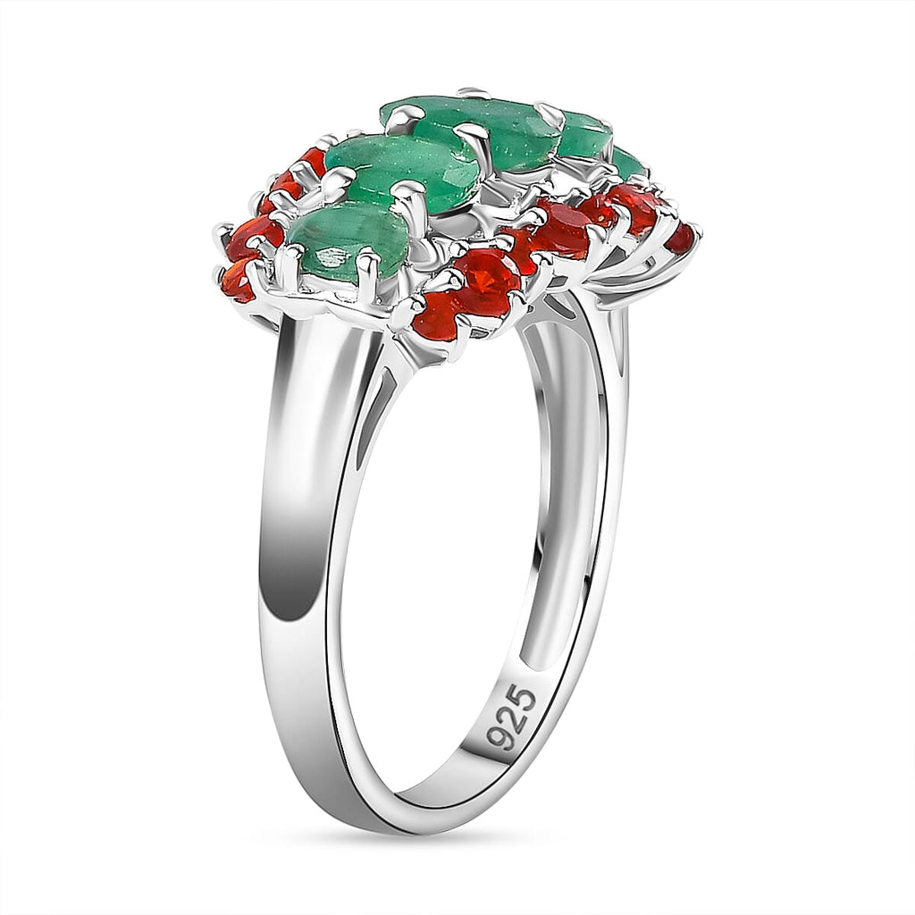 Rare Find - Emerald & Cherry Fire Opal Ring in Rhodium Overlay Sterling Silver 1.75 Ct.