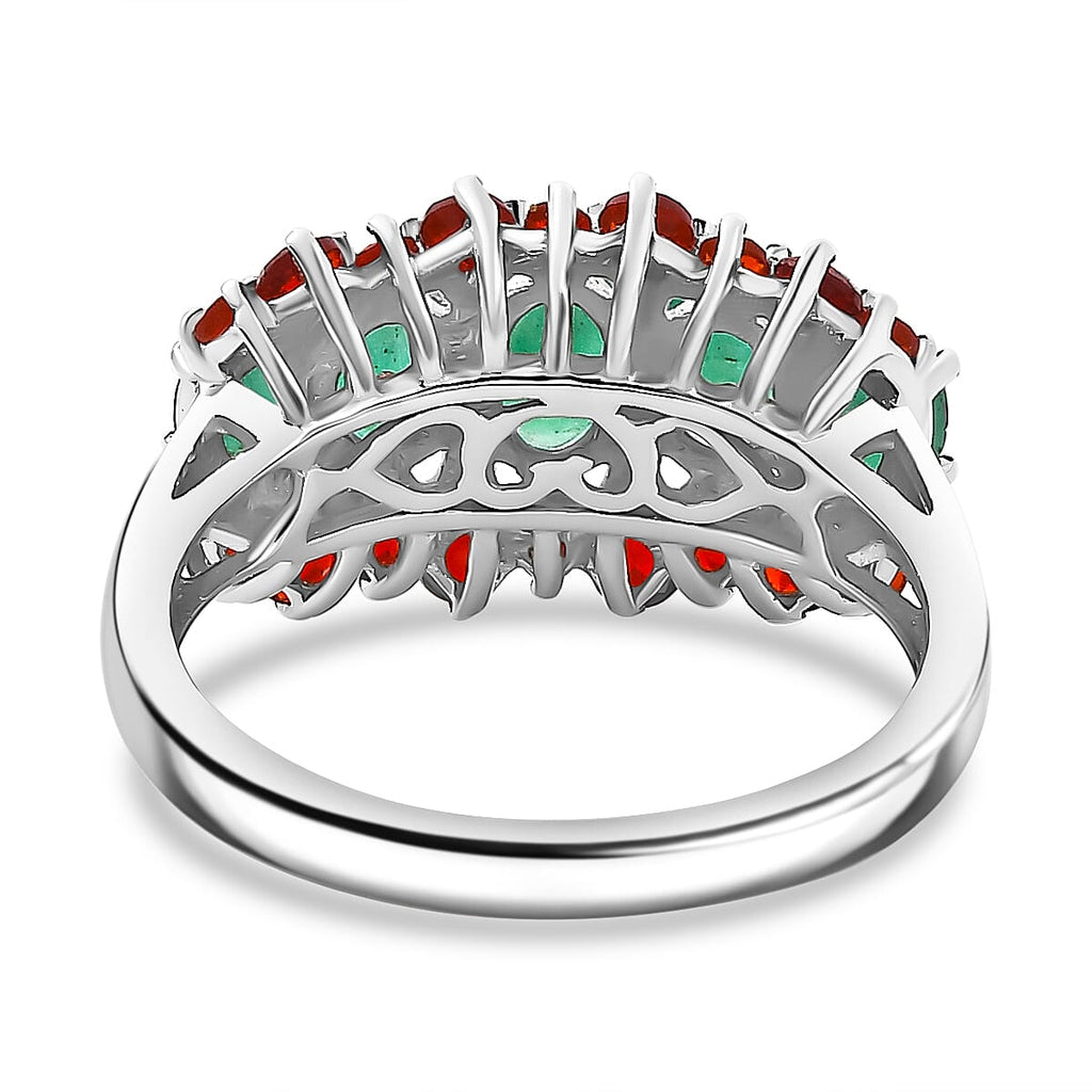 Rare Find - Emerald & Cherry Fire Opal Ring in Rhodium Overlay Sterling Silver 1.75 Ct.