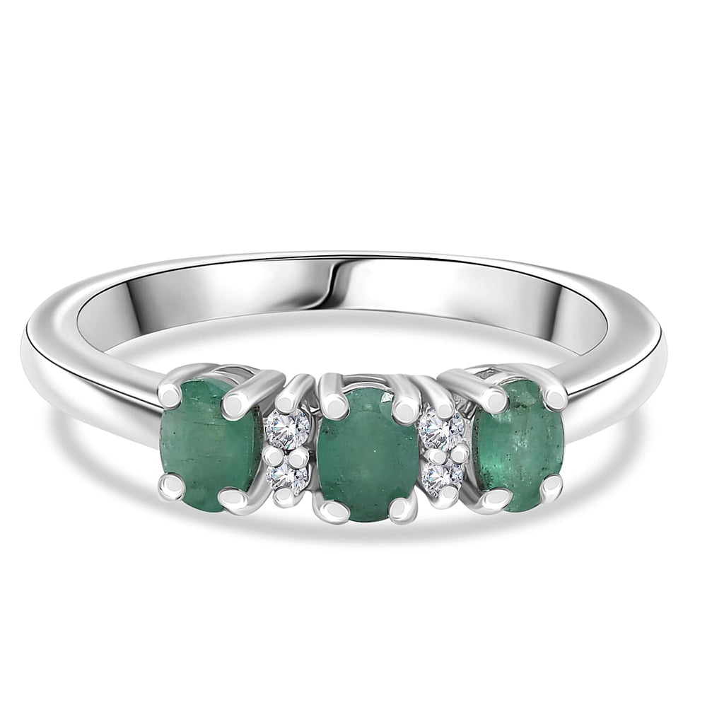 Socoto Emerald & White Zircon 3 Stone Ring in Platinum Overlay Sterling Silver
