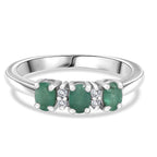 Socoto Emerald & White Zircon 3 Stone Ring in Platinum Overlay Sterling Silver