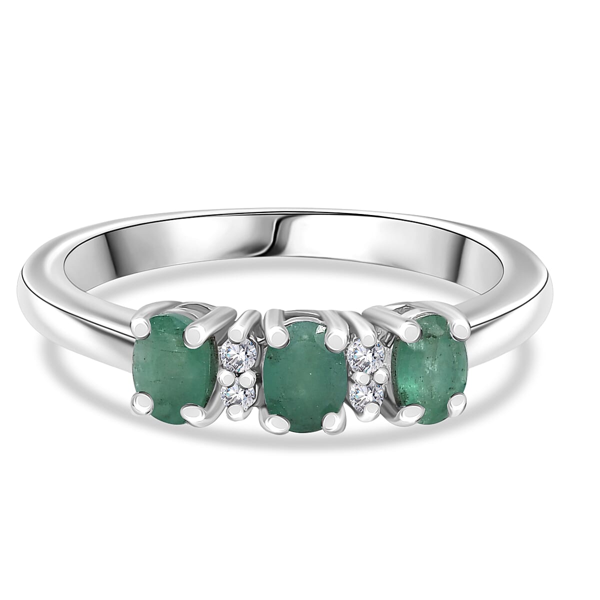 Socoto Emerald, White Zircon 3-Stone Ring in Platinum Overlay Sterling Silver 8134344 0