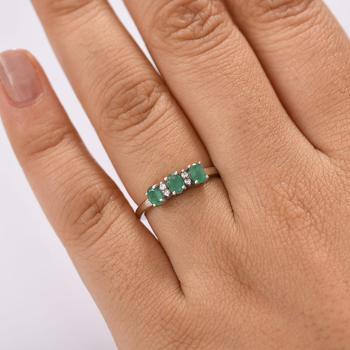 Socoto Emerald, White Zircon 3-Stone Ring in Platinum Overlay Sterling Silver 8134344 1