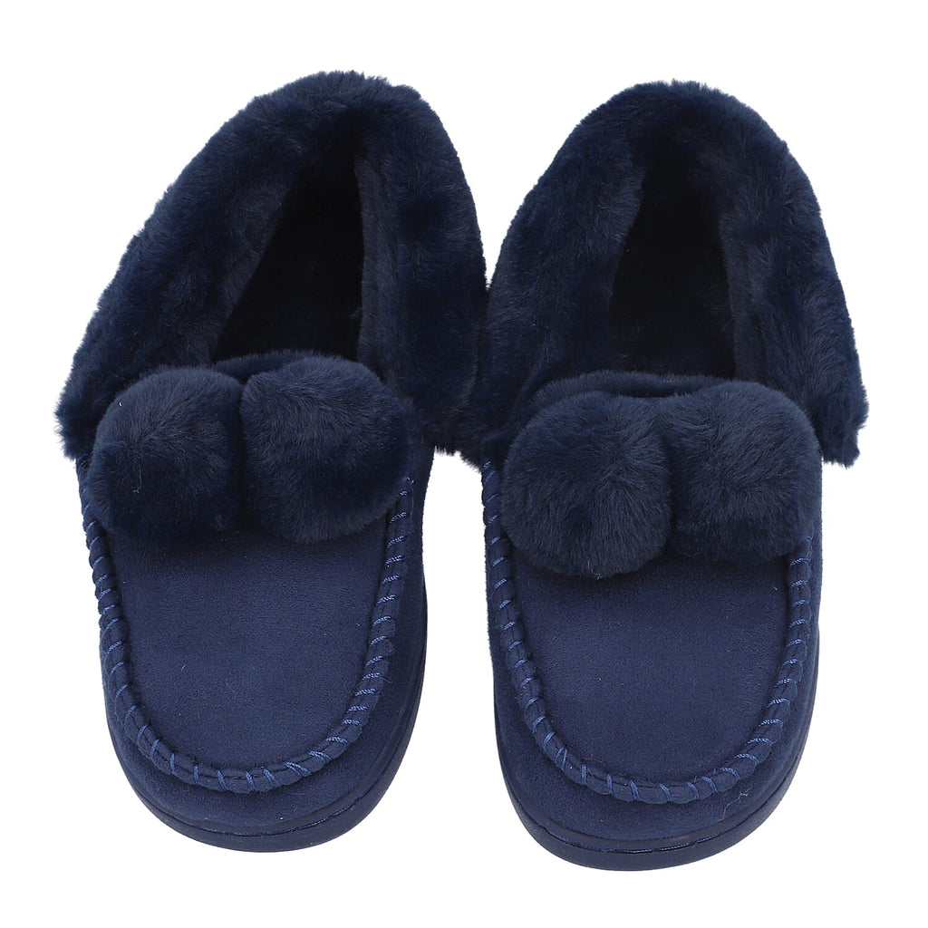 Soft and Comfy Rabbit Pattern Anti-Slip Sole Faux Fur Slippers (Size 3- 4) - Navy Blue