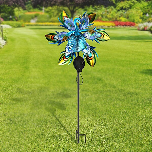 Solar Powered Nature Theme Peacock Hand Painted Wind Spinner - Blue and Multi 6072594 0