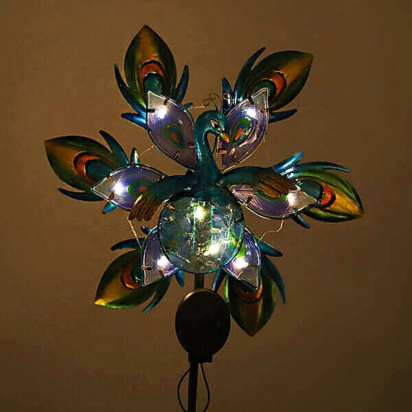 Solar Powered Nature Theme Peacock Hand Painted Wind Spinner - Blue and Multi 6072594 2