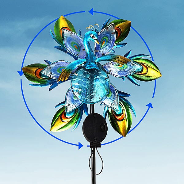 Solar Powered Nature Theme Peacock Hand Painted Wind Spinner - Blue and Multi 6072594 4