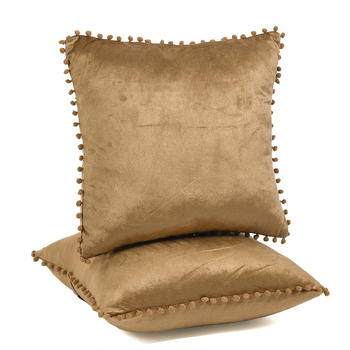 Set of 2 Solid Velvet Cushion Covers with Pom Poms 7848089 0