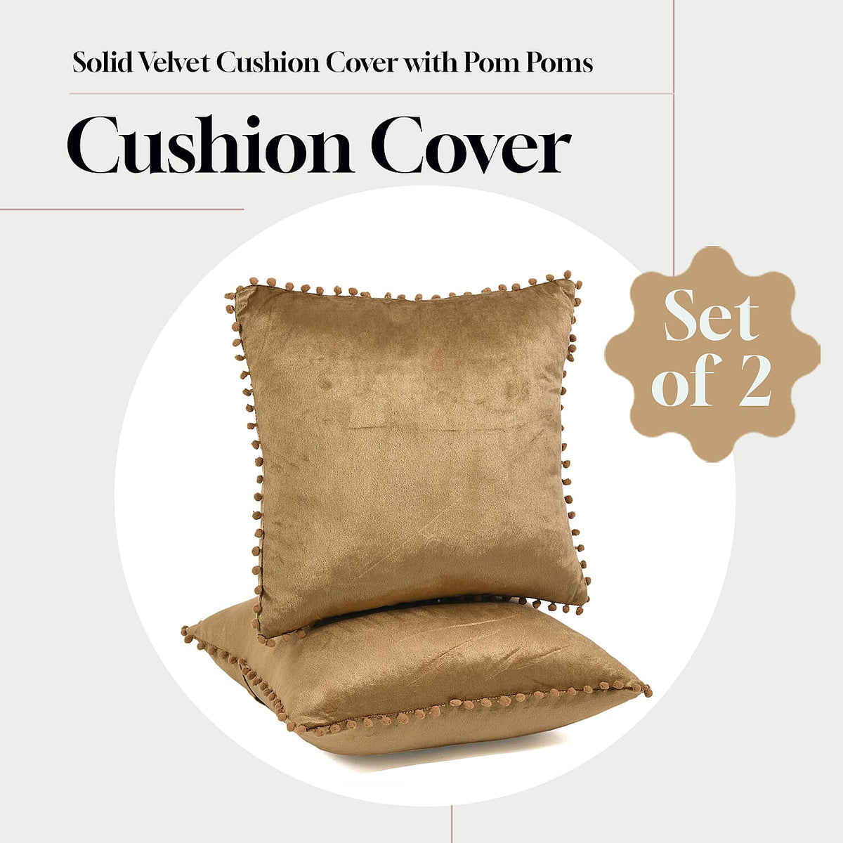 Set of 2 Solid Velvet Cushion Covers with Pom Poms 7848089 2
