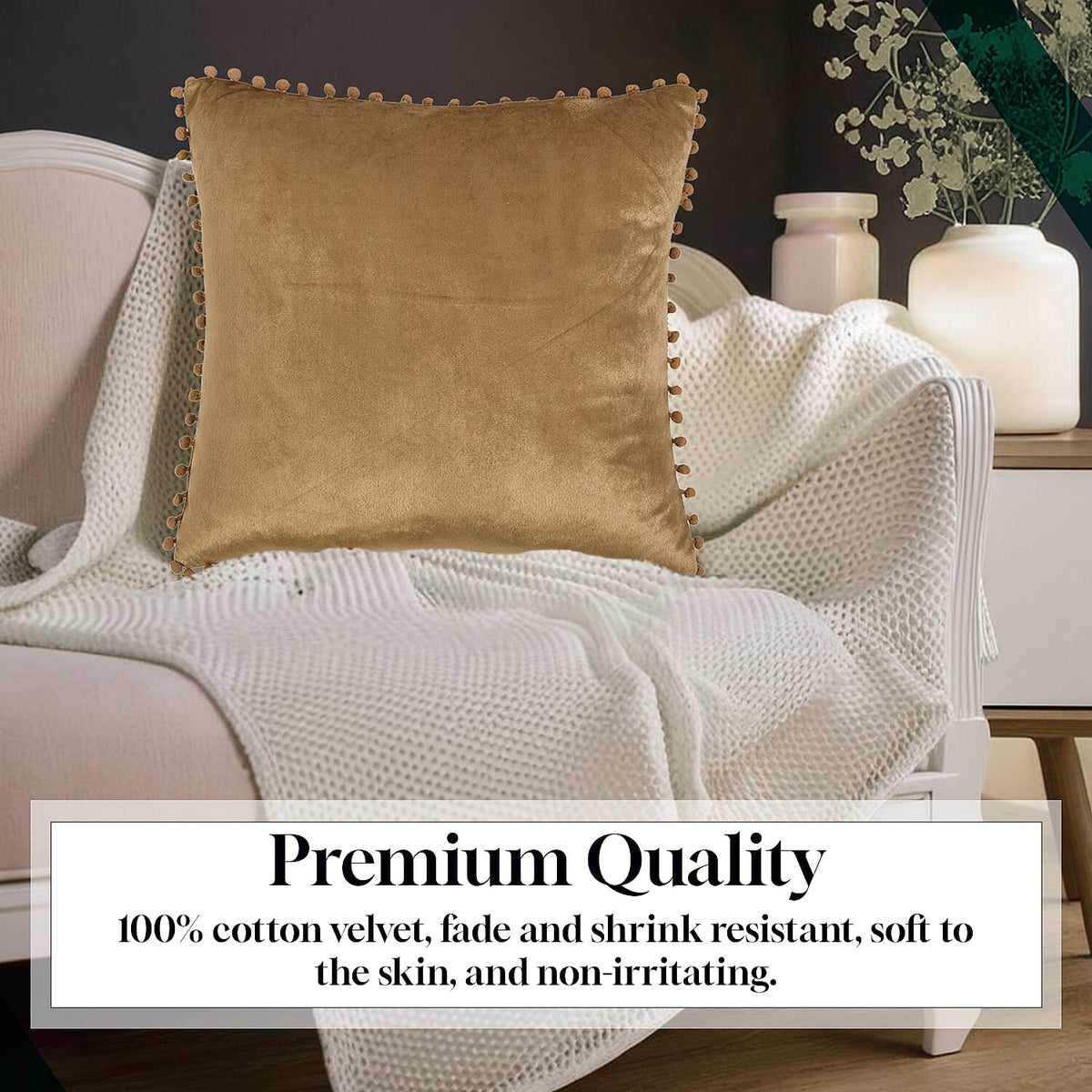 Set of 2 Solid Velvet Cushion Covers with Pom Poms 7848089 3