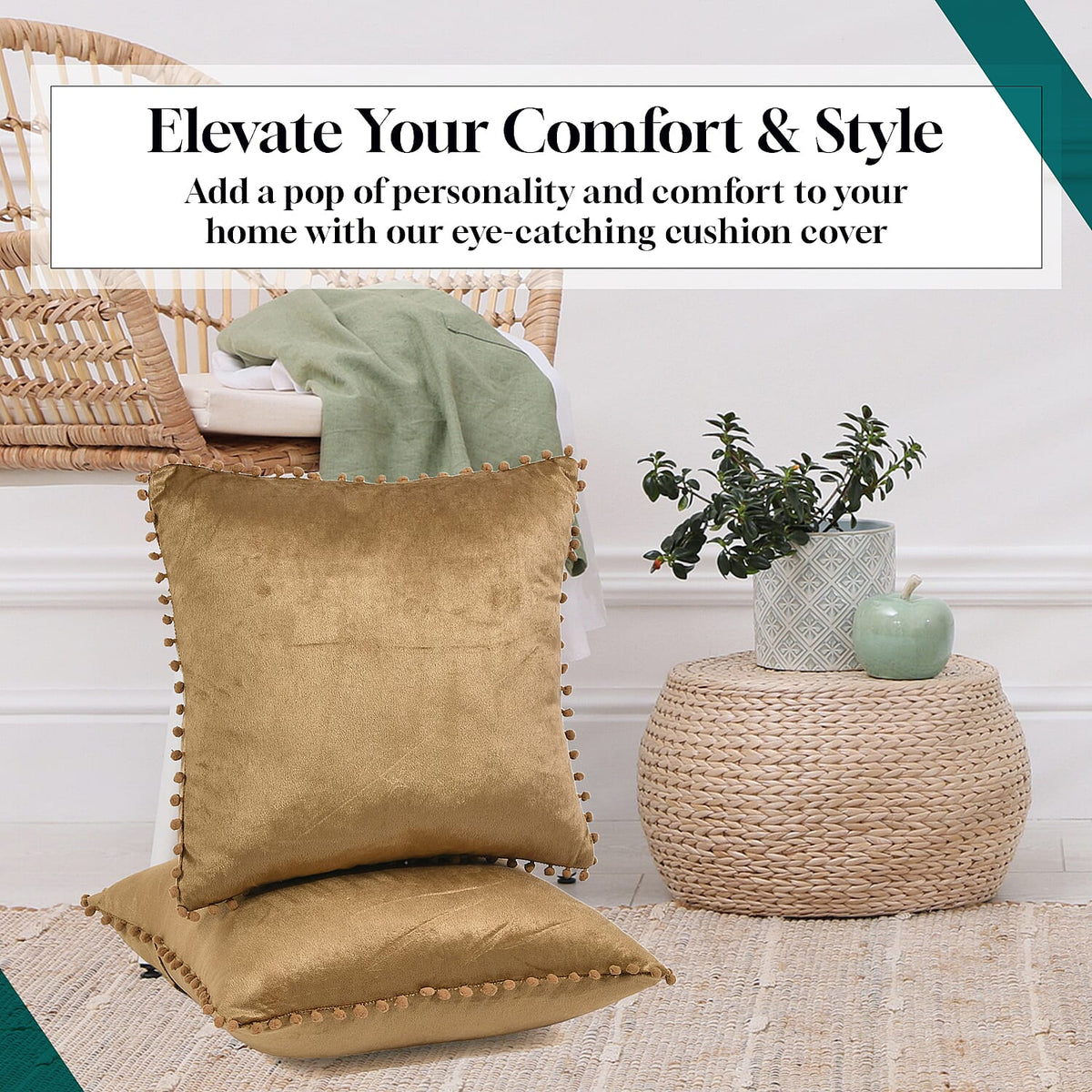 Set of 2 Solid Velvet Cushion Covers with Pom Poms 7848089 4
