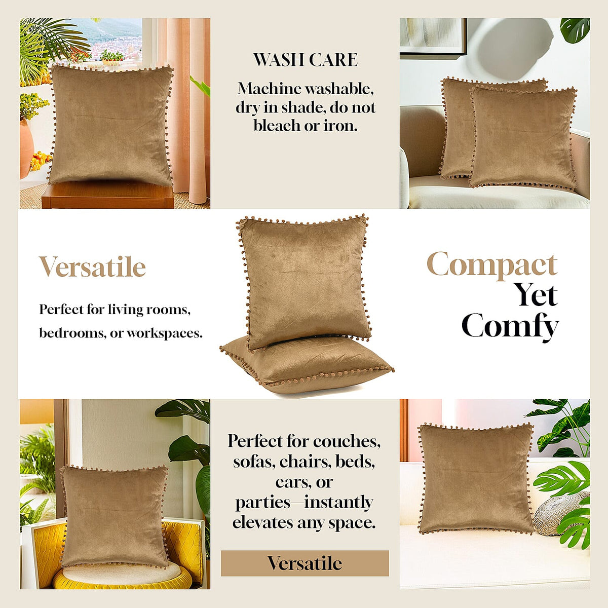 Set of 2 Solid Velvet Cushion Covers with Pom Poms 7848089 6