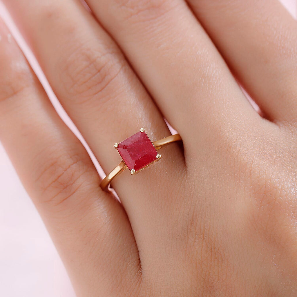 African Ruby (FF) (Asscher Cut) Solitaire Ring in 18K Vermeil Yellow Gold Plated Sterling Silver.