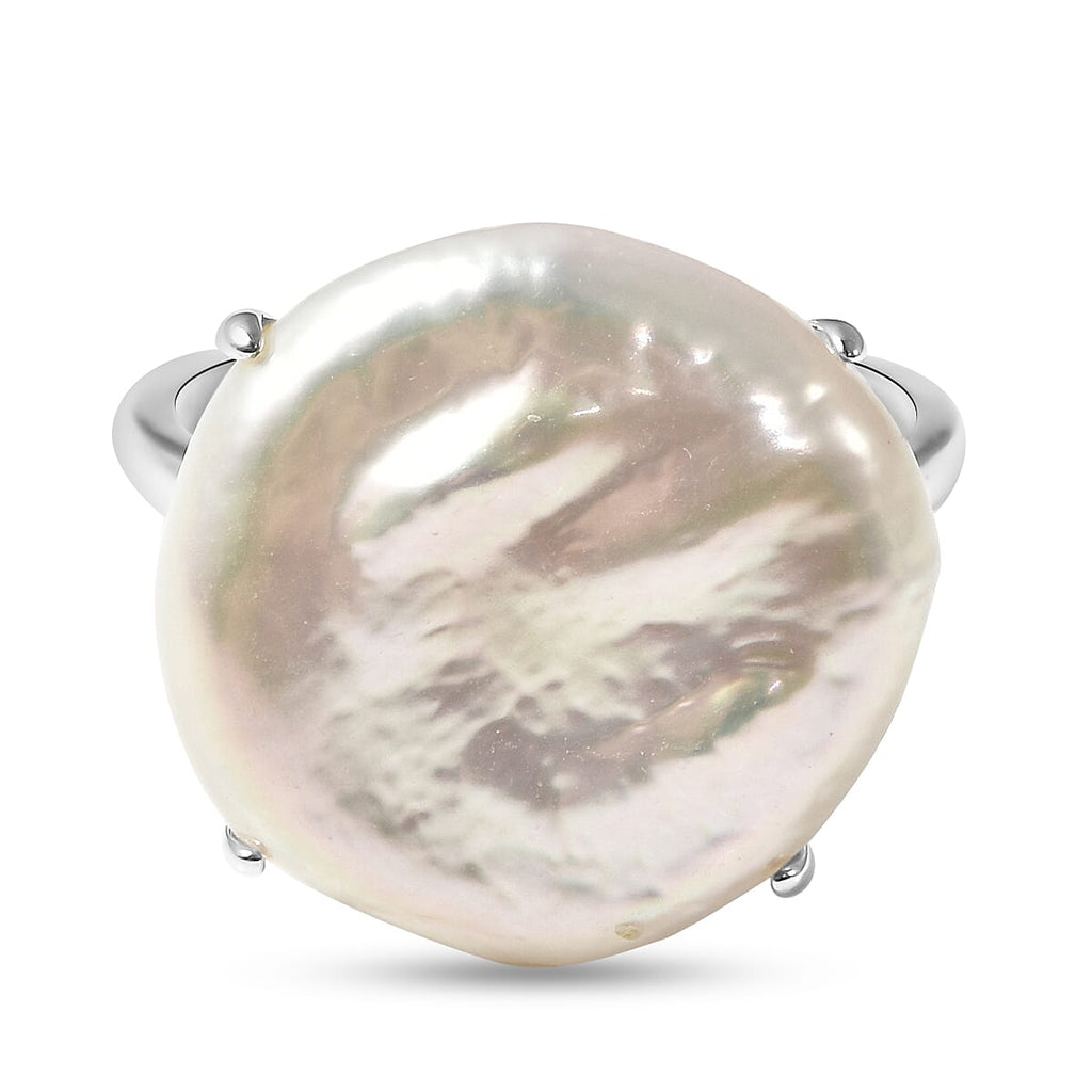 White Keshi Pearl Solitaire Ring in Rhodium Overlay Sterling Silver
