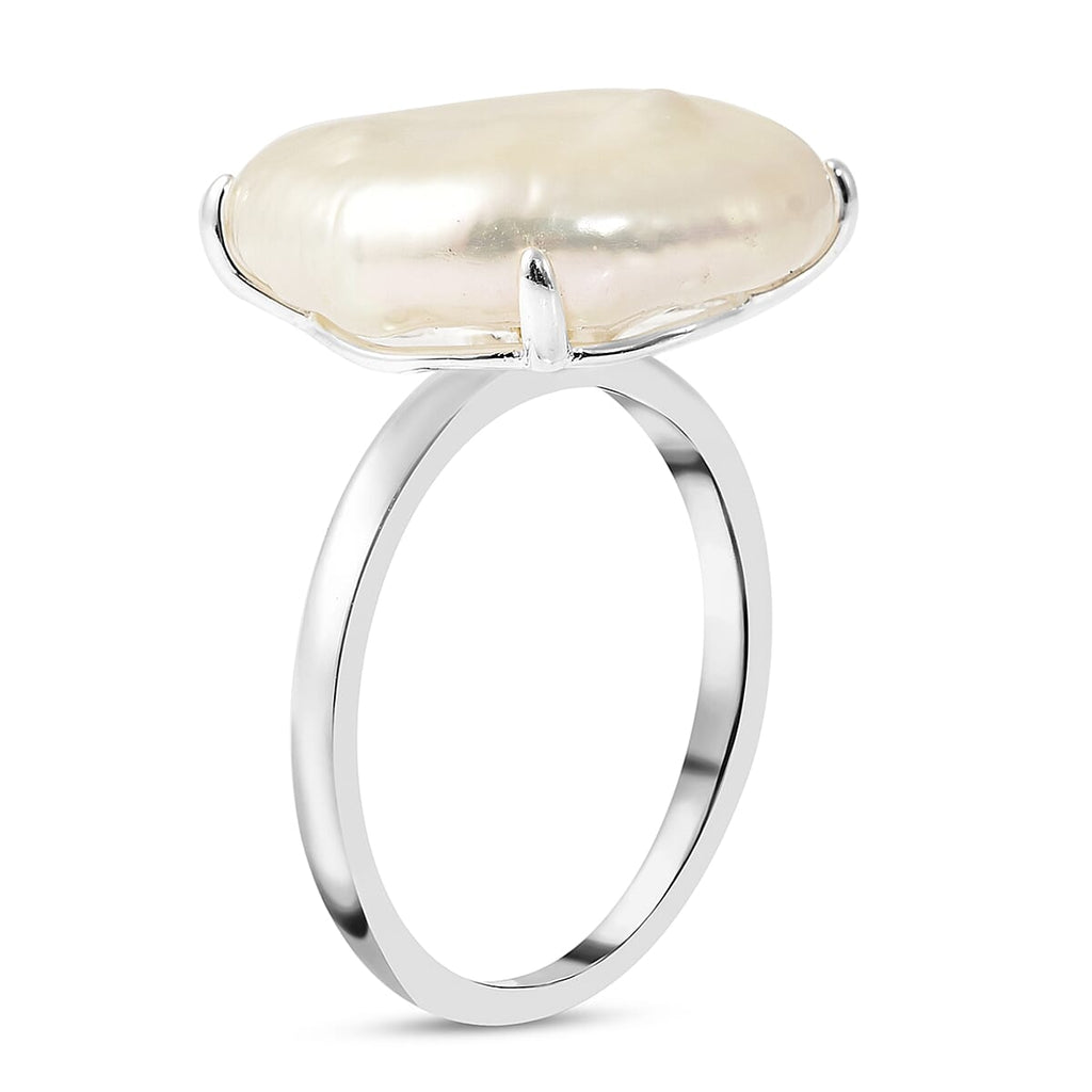 White Keshi Pearl Solitaire Ring in Rhodium Overlay Sterling Silver