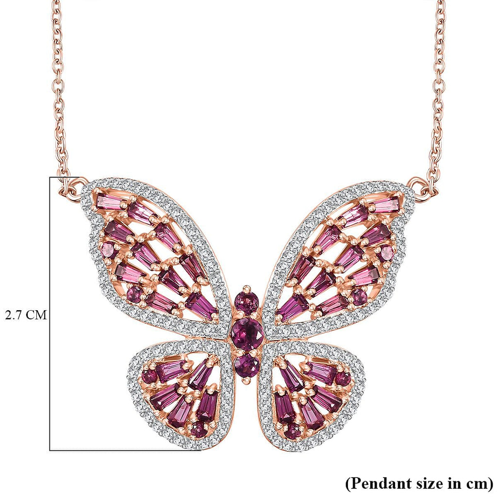 Special Order-  Premium Rhodolite Garnet and White Zircon Butterfly Necklace in 18K RG Vermeil Plated Sterling Silver 4.17 Ct