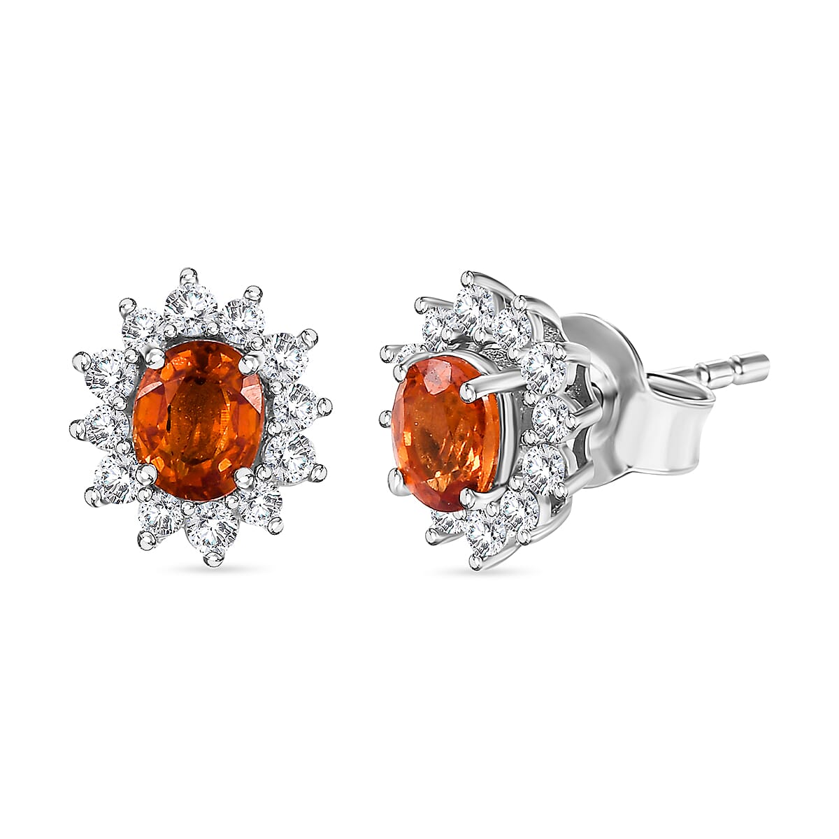Nigerian Natural Spessartine Garnet, White Zircon Halo Earrings in Rhodium Plated Sterling Silver 1.66  Ct. 7855505 2
