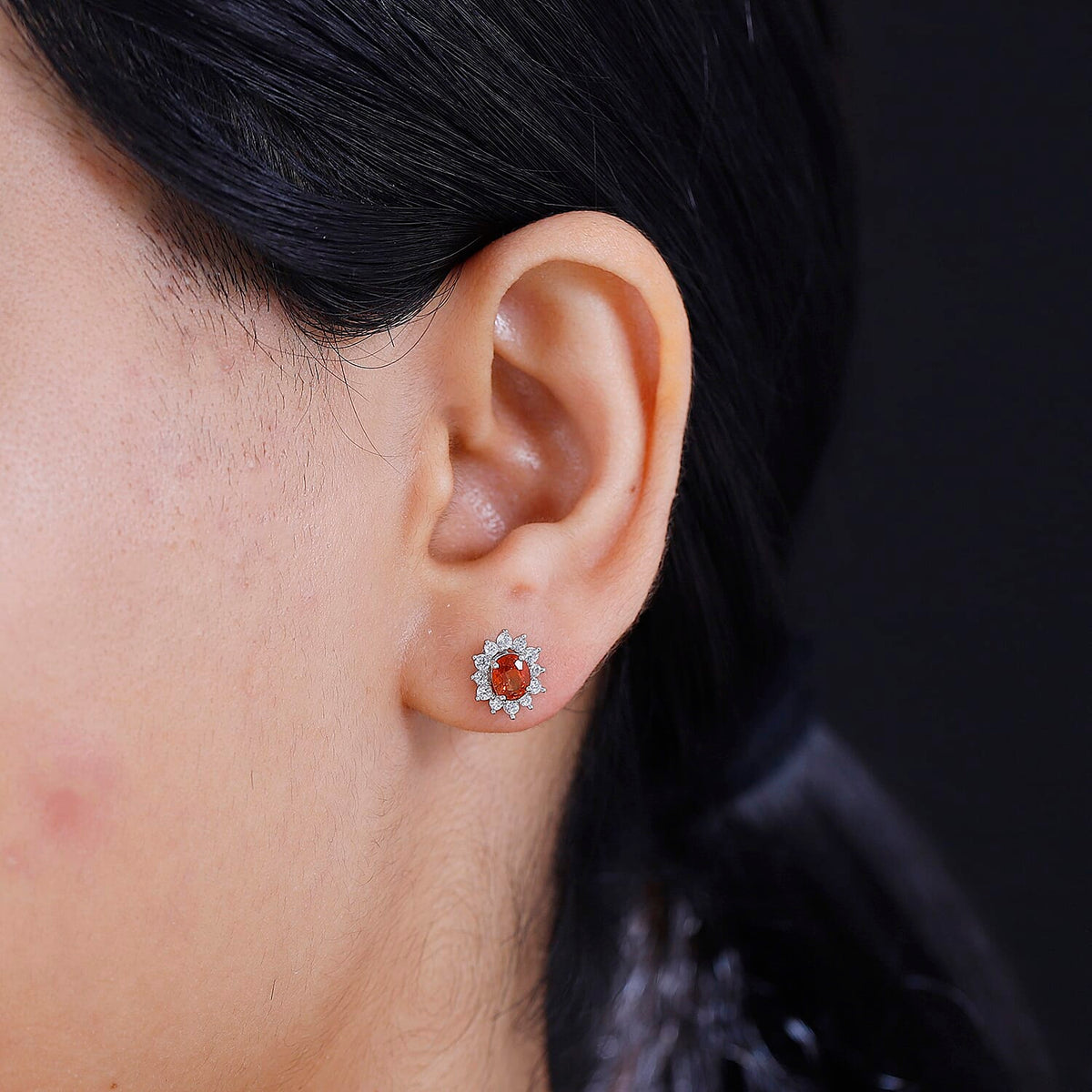 Nigerian Natural Spessartine Garnet, White Zircon Halo Earrings in Rhodium Plated Sterling Silver 1.66  Ct. 7855505 3