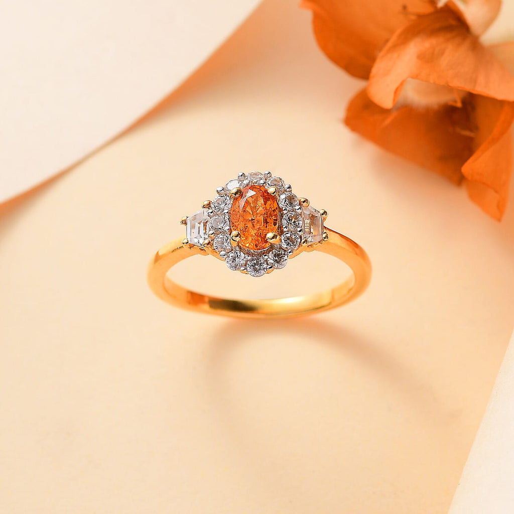 Spessartine Garnet,White Zircon Main Stone With Surrounding Stone Ring in 18K Vermeil Yellow Gold Plated Sterling Silver 1.321  Ct.