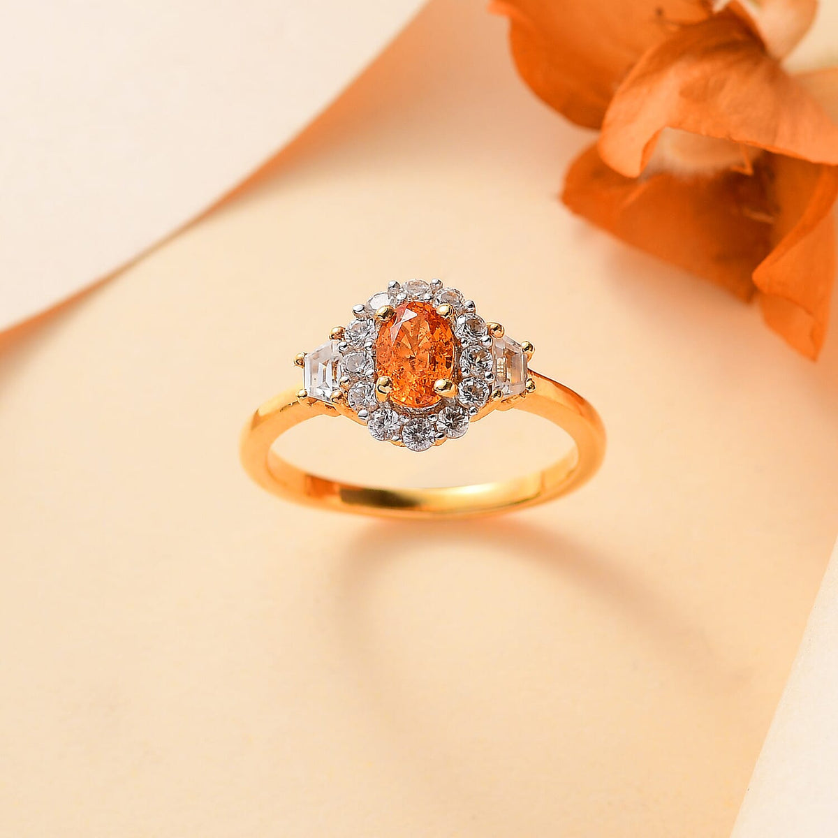 Spessartine Garnet, White Zircon Halo Ring in 18K Yellow Gold Vermeil Plated Sterling Silver 7855448 1