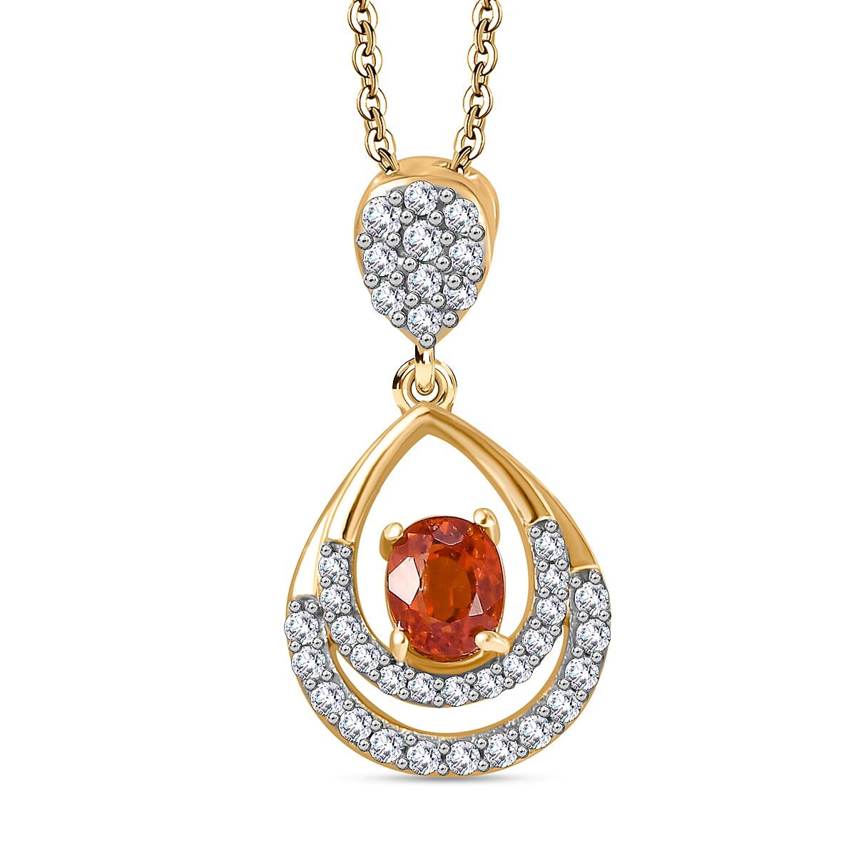 Spessartine Garnet, White Zircon Pendant with Chain (Size 20) in 18K Yellow Gold Plated Vermeil Sterling Silver 4299104 0