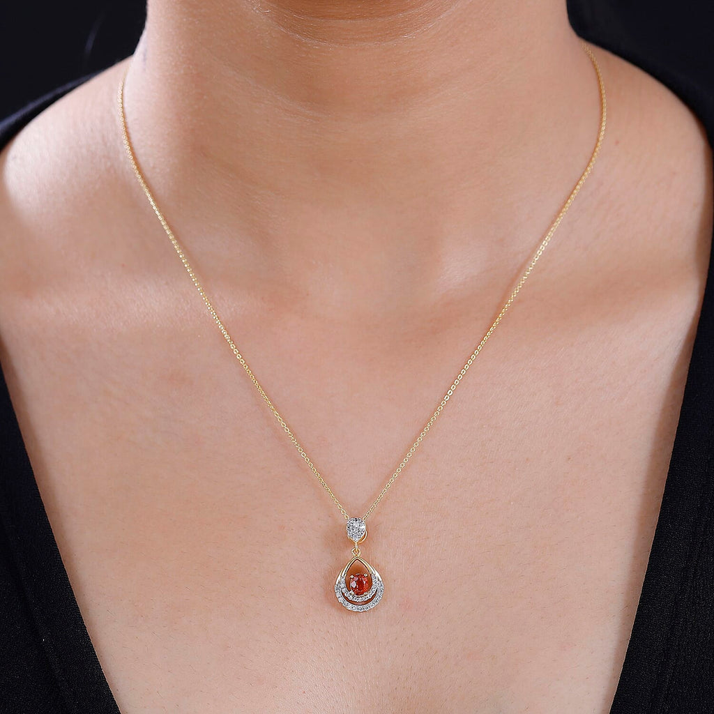 Nigerian Natural Spessartine Garnet, White Zircon Pendant With Silver Chain (Size 20) in 18K Vermeil Yellow Gold Plated Sterling Silver 1.290 Ct.