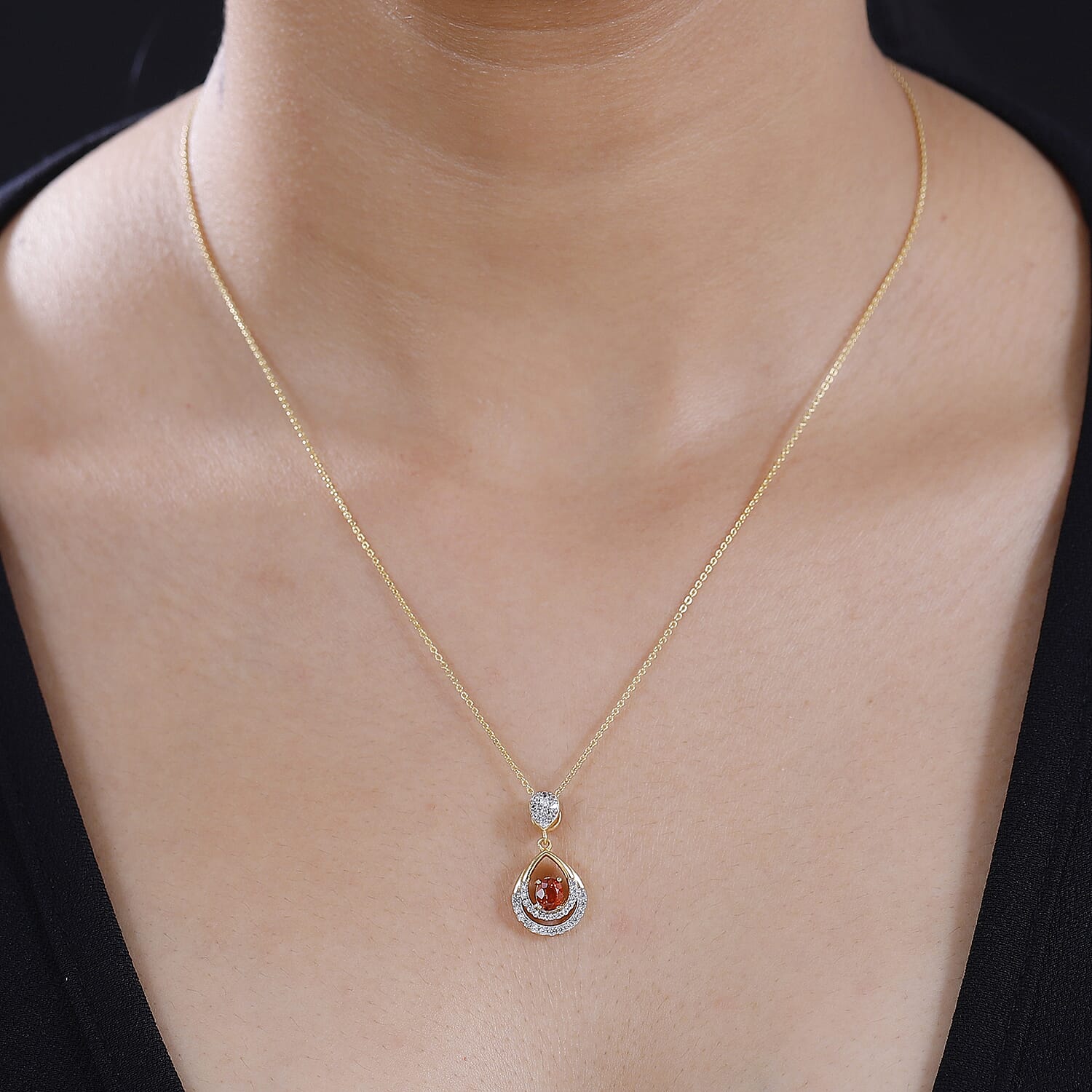 Spessartine Garnet, White Zircon Pendant with Chain (Size 20) in 18K Yellow Gold Plated Vermeil Sterling Silver 4299104 2