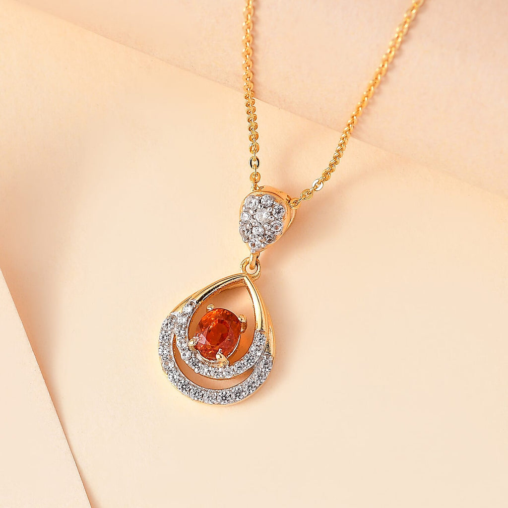 Nigerian Natural Spessartine Garnet, White Zircon Pendant With Silver Chain (Size 20) in 18K Vermeil Yellow Gold Plated Sterling Silver 1.290 Ct.